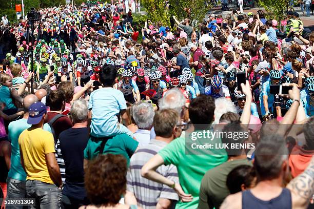 The public gathers along the route of the 2nd stage of 99th Giro d'Italia, Tour of Italy, from Arnhem to Nijmegen of 190 km on May 07, 2016 in...