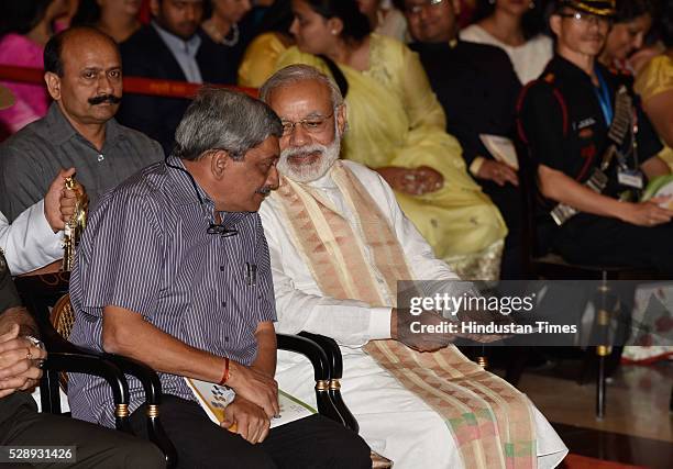 Prime Minister Narendra Modi with Defence Minister Manohar Parrikar during a Defence Investiture Ceremony at Rashtrapati Bhawan, on May 7, 2016 in...