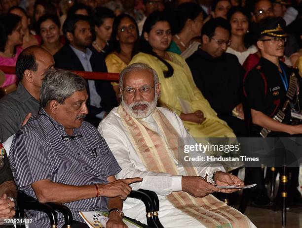Prime Minister Narendra Modi with Defence Minister Manohar Parrikar during a Defence Investiture Ceremony at Rashtrapati Bhawan, on May 7, 2016 in...