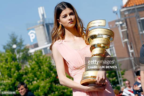 Hostess holds the 99th Giro d'Italia, Tour of Italy, "Trofeo Senza Fine" trophy during the 190 kms Arnhem to Nijmegen leg on May 7, 2016 in Nijmegen,...