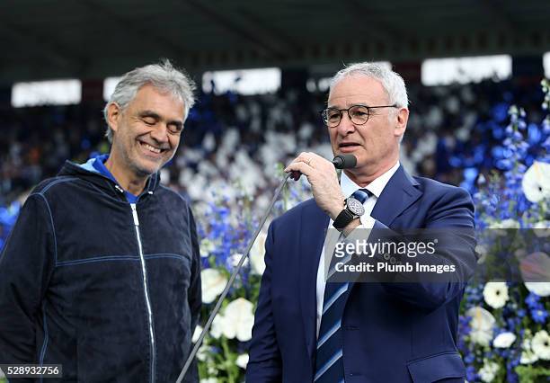 Manager Claudio Ranieri of Leicester City with Italian classical crossover tenor Andrea Bocelli ahead of the Barclays Premier League match between...