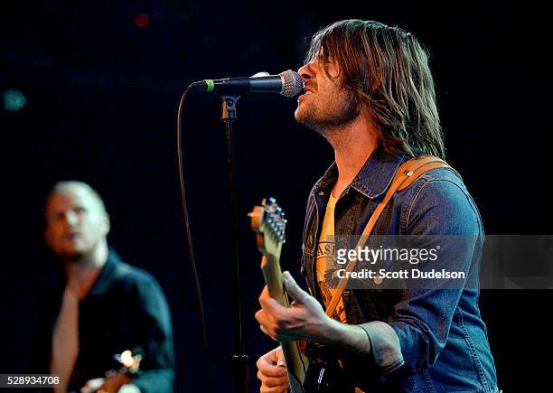Musician Robert Schwartzman of the band Rooney performs onstage during the release party for Rooney's new album "Washed Away" at Teragram Ballroom on...
