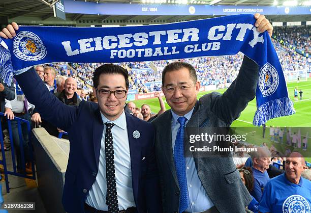 Chairman Vichai Srivaddhanaprabha and Vice chairman Aiyawatt Srivaddhanaprabha of Leicester City during the Barclays Premier League match between...