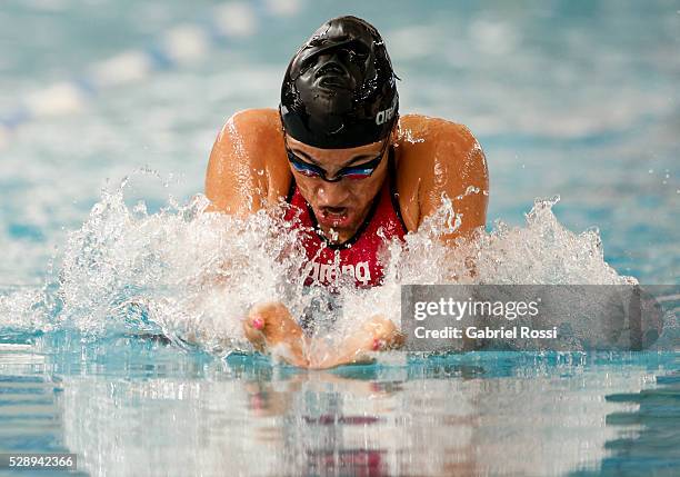 Julia Sebastian competes in the Women's 100 meters breast stroke during Campeonato Nacional de Natacion Mayores 2016 at Cenard on May 07, 2016 in...