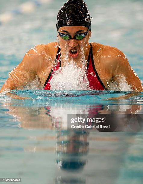 Julia Sebastian competes in the Women's 100 meters breast stroke during Campeonato Nacional de Natacion Mayores 2016 at Cenard on May 07, 2016 in...