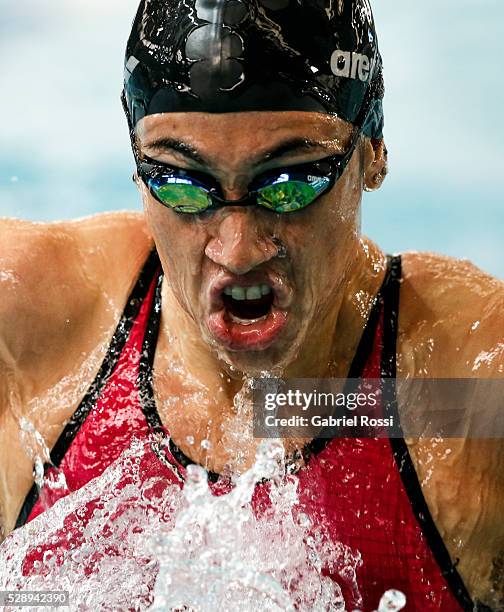 Julia Sebastian competes in the Women's 100 meters breast stroke during Campeonato Nacional de Natacion Mayores 2016 at Cenard on May 07, 2016 in...