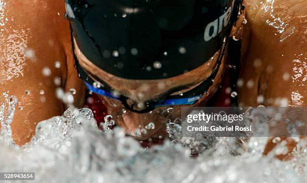 Julia Sebastian competes in the Women's 100 meters breast stroke during Campeonato Nacional de Natacion Mayores 2016 at Cenard on May 07, 2016 in...