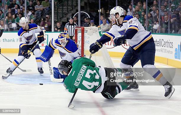 Brian Elliott of the St. Louis Blues blocks a shot on goal by Valeri Nichushkin of the Dallas Stars in the third period in Game Five of the Western...