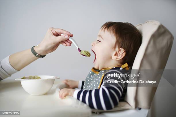 a baby boy eating in his high chair - spoon feeding stock pictures, royalty-free photos & images