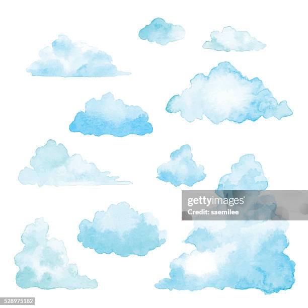 ilustraciones, imágenes clip art, dibujos animados e iconos de stock de nubes conjunto de acuarela - paisaje con nubes