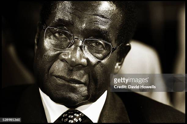 Black and white portrait of Zimbabwean President Robert Mugabe at City Hall in New York City.