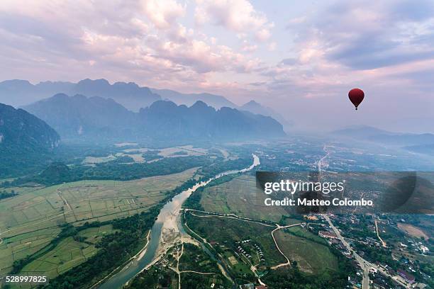 aerial view from hot air balloon ride, laos - vang vieng balloon stock pictures, royalty-free photos & images
