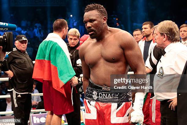 Dereck Chisora of Great Britain appears frustrated after Heavyweight European Championship between Kubrat Pulev and Dereck Chisora at Barclaycard...