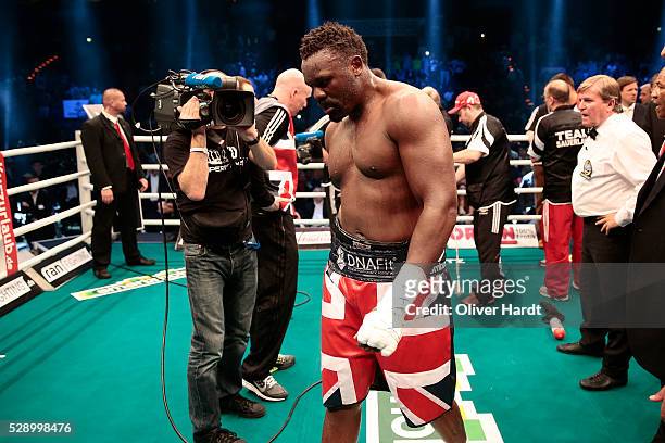 Dereck Chisora of Great Britain appears frustrated after Heavyweight European Championship between Kubrat Pulev and Dereck Chisora at Barclaycard...