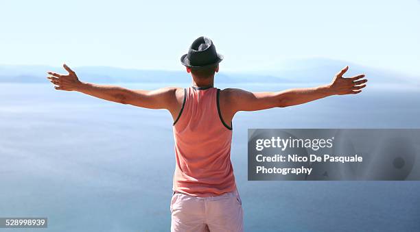 man enjoying view - スキアトス島 ストックフォトと画像