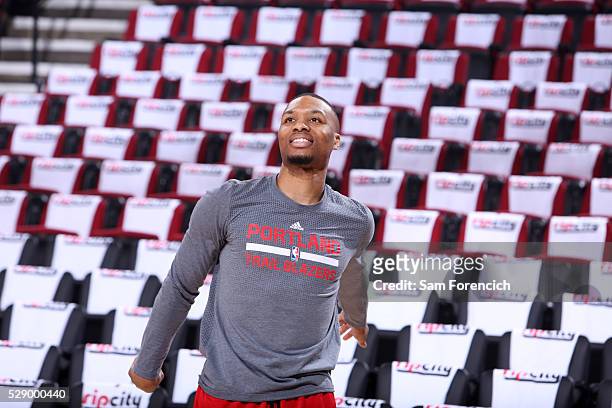Damian Lillard of the Portland Trail Blazers warms up before the game against the Golden State Warriors in Game Three of the Western Conference...