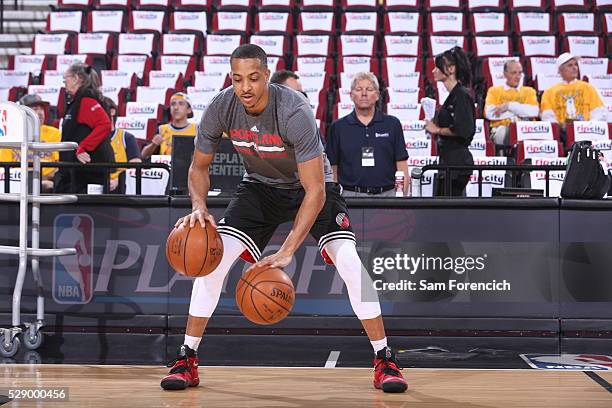 McCollum of the Portland Trail Blazers warms up before the game against the Golden State Warriors in Game Three of the Western Conference Semifinals...