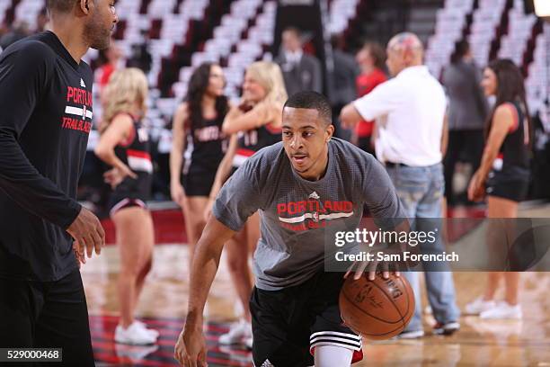 McCollum of the Portland Trail Blazers warms up before the game against the Golden State Warriors in Game Three of the Western Conference Semifinals...