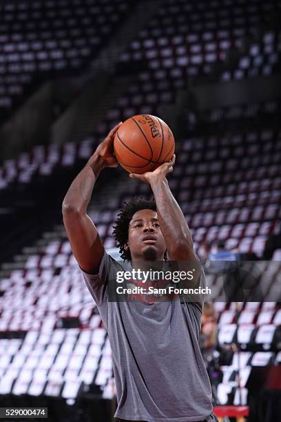 Ed Davis of the Portland Trail Blazers warms up before the game against the Golden State Warriors in Game Three of the Western Conference Semifinals...