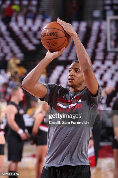 McCollum of the Portland Trail Blazers warms up before the game against the Golden State Warriors in Game Three of the Western Conference Semifinals...