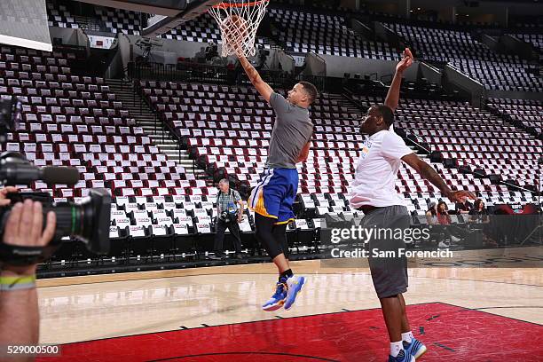 Stephen Curry of the Golden State Warriors warms up prior to Game Three of the Western Conference Semifinals against the Portland Trail Blazers...