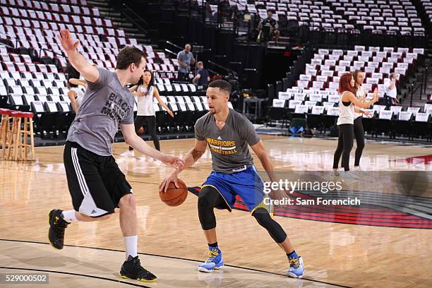 Stephen Curry of the Golden State Warriors warms up prior to Game Three of the Western Conference Semifinals against the Portland Trail Blazers...