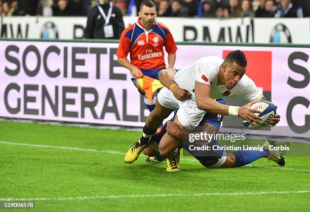 England's Essai Anthony Watson during the RBS Six Nations Championship 2016 Rugby Union match, France Vs England at the Stade de France in...