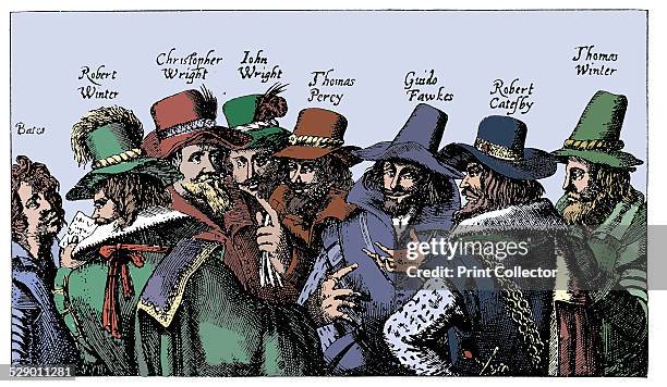 Guy Fawkes and the Gunpowder Plotters, 1605. Roman Catholic conspiracy to blow up English Houses of Parliament on 5 November 1605 when James I due to...