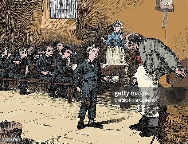 Scene from Oliver Twist by Charles Dickens, 1871. Oliver Twist causes a sensation in the children's ward of the workhouse by asking for a second...