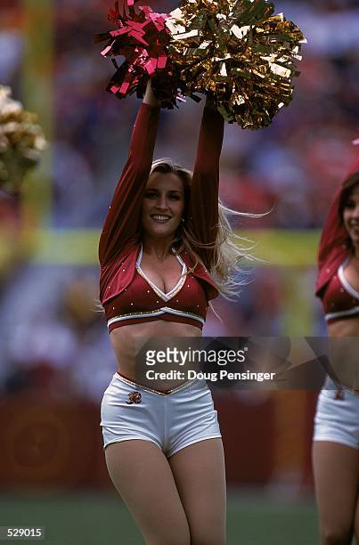 General view of a Washington Redskins cheerleader performing during the game against the Kansas City Chiefs at the FedEx Field in Landover Maryland....