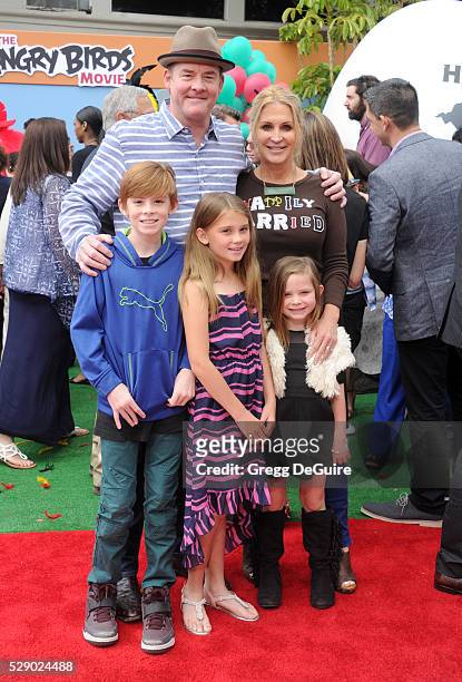 Actor David Koechner, wife Leigh Koechner and children arrive at the premiere of Sony Pictures' "The Angry Birds Movie" at Regency Village Theatre on...