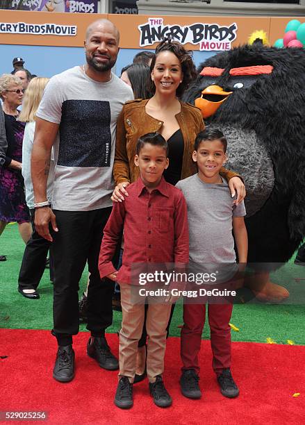 Gloria Govan, Derek Fisher, children Carter Kelly Barnes and Isaiah Michael Barnes arrive at the premiere of Sony Pictures' "The Angry Birds Movie"...