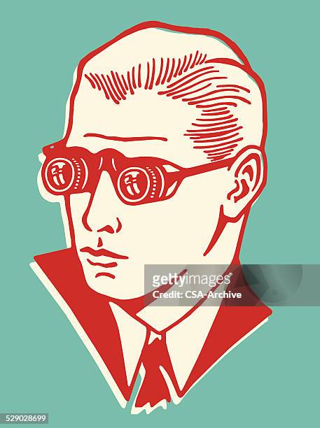 ilustraciones, imágenes clip art, dibujos animados e iconos de stock de hombre usando gafas binocular - mirar un objeto