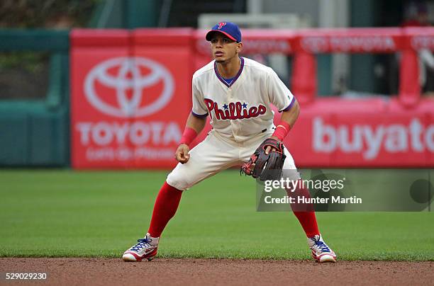 Cesar Hernandez of the Philadelphia Phillies during a game against the Cleveland Indians at Citizens Bank Park on May 1, 2016 in Philadelphia,...