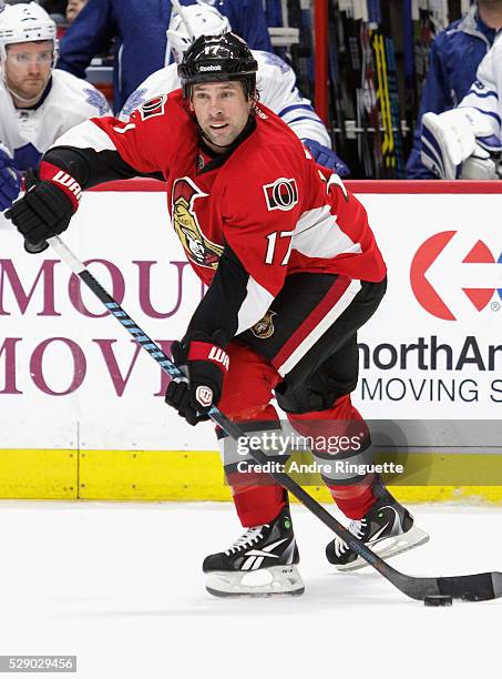David Legwand of the Ottawa Senators plays in the game against the Toronto Maple Leafs at Canadian Tire Centre on November 9, 2014 in Ottawa,...