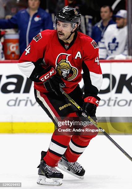 Chris Phillips of the Ottawa Senators plays in the game against the Toronto Maple Leafs at Canadian Tire Centre on November 9, 2014 in Ottawa,...