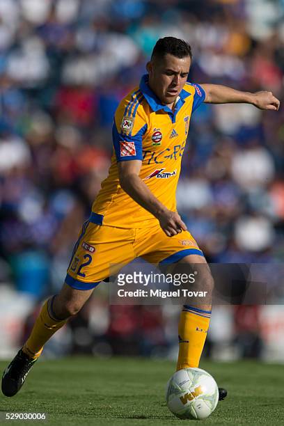 Israel Jimenez of Tigres drives the ball during the 17th round match between Cruz Azul and Tigres UANL as part of the Clausura 2016 Liga MX at Azul...