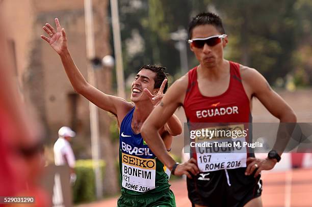 Caio Bonfim and Andres Chocho react after arriving the finish line of the man's 20Km Race Walk at IAAF World Race Walking Team Championship Rome 2016...