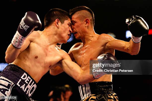 Diego De La Hoya throws a left at Rocco Santomauro during the super bantamweight fight at T-Mobile Arena on May 7, 2016 in Las Vegas, Nevada.