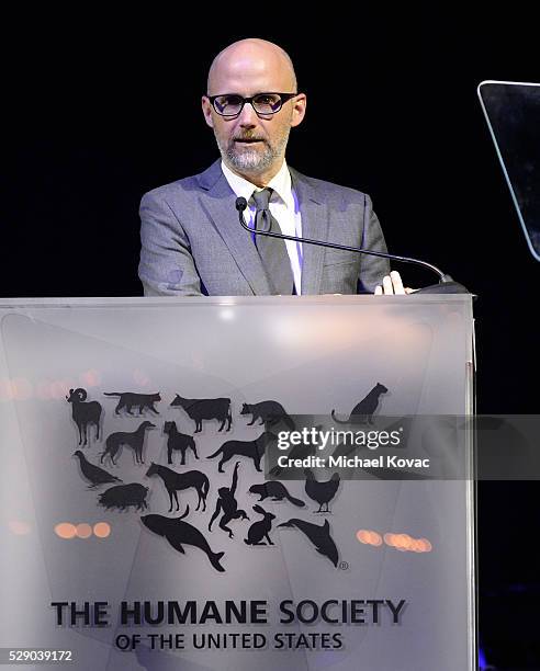 Host Moby speaks onstage during The Humane Society of the United States' to the Rescue Gala at Paramount Studios on May 7, 2016 in Hollywood,...