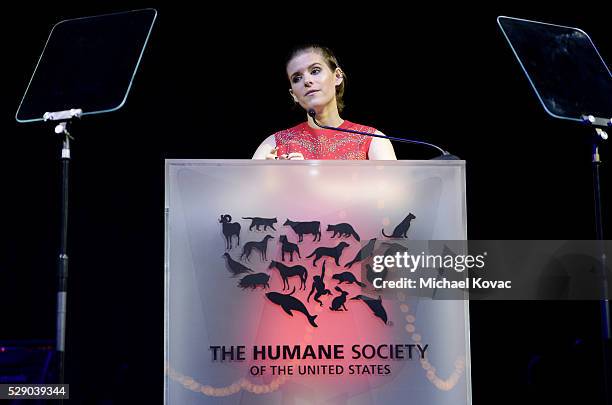 Presenter Kate Mara speaks onstage during The Humane Society of the United States' to the Rescue Gala at Paramount Studios on May 7, 2016 in...