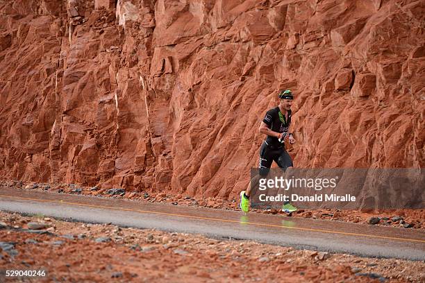 Lionel Sanders of Canada runs en route to his victory during the St. George Ironman 70.3 North American Pro Championships on May 7, 2016 in St....