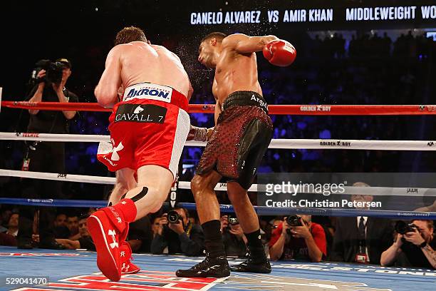 Canelo Alvarez throws a knockout punch at Amir Khan during the WBC middleweight title fight at T-Mobile Arena on May 7, 2016 in Las Vegas, Nevada.