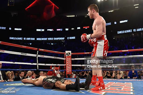Canelo Alvarez reacts after his knockout to Amir Khan during the WBC middleweight title fight at T-Mobile Arena on May 7, 2016 in Las Vegas, Nevada.