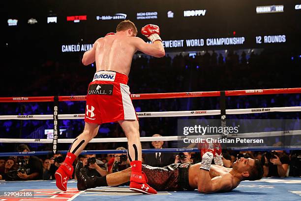 Canelo Alvarez reacts after his knockout to Amir Khan during the WBC middleweight title fight at T-Mobile Arena on May 7, 2016 in Las Vegas, Nevada.