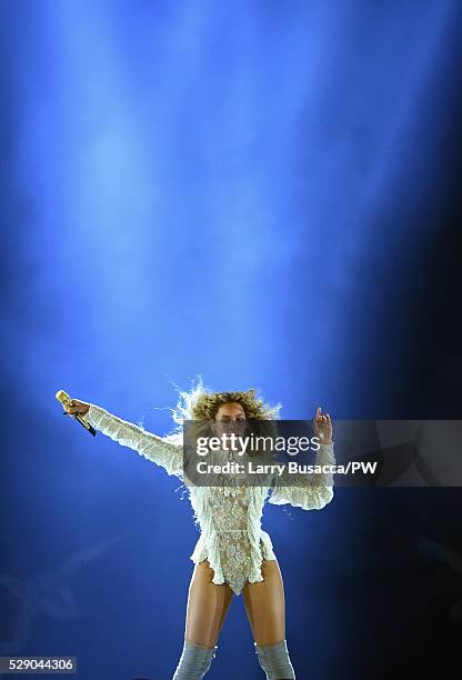 Beyonce wearing a custom lace bodysuit by Balmain performs onstage during 'The Formation World Tour' at NRG Stadium on May 7, 2016 in Houston, Texas.