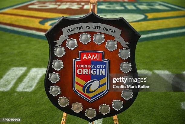 The City Vs Country shield is seen before kick off in the NSW Origin match between City and Country at Scully Park on May 8, 2016 in Tamworth,...