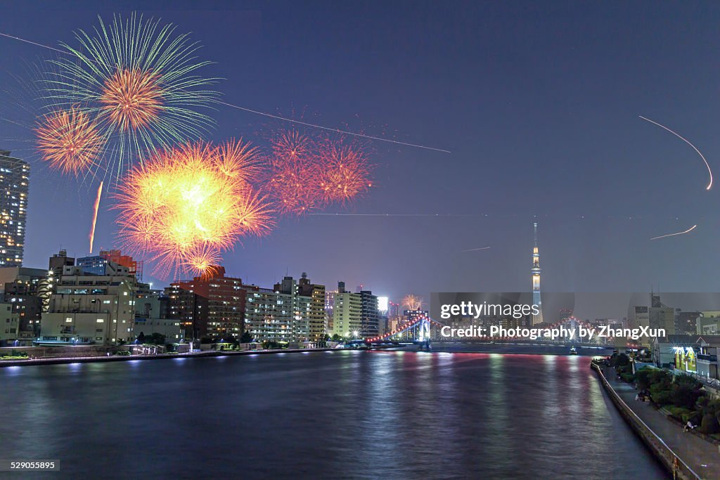 Tokyo city fireworks with Skytree at night