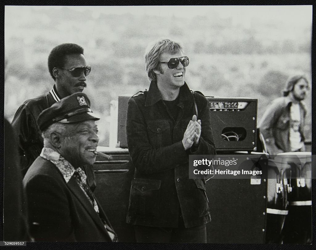 Count Basie with singer Dennis Rowland and drummer Butch Miles at the Capital Radio Jazz Festival, L Artist: Denis Williams