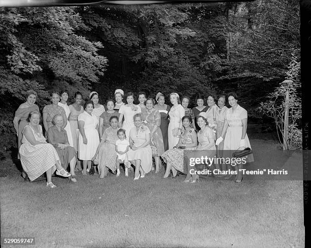 Group portrait, seated from left: Mrs. Albert Goldsmith, Florence J. Reizenstein, Mrs. O. S. Bond, Charlene Foggie, Mrs. Sari Patton, Mrs. Harold...